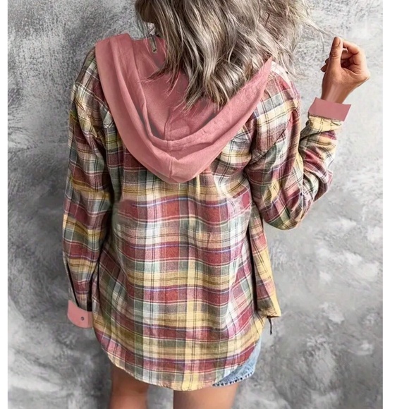 Multicolor Plaid Print Button Down Loose Fit Hoodie Shirt Top - Picture 3 of 4